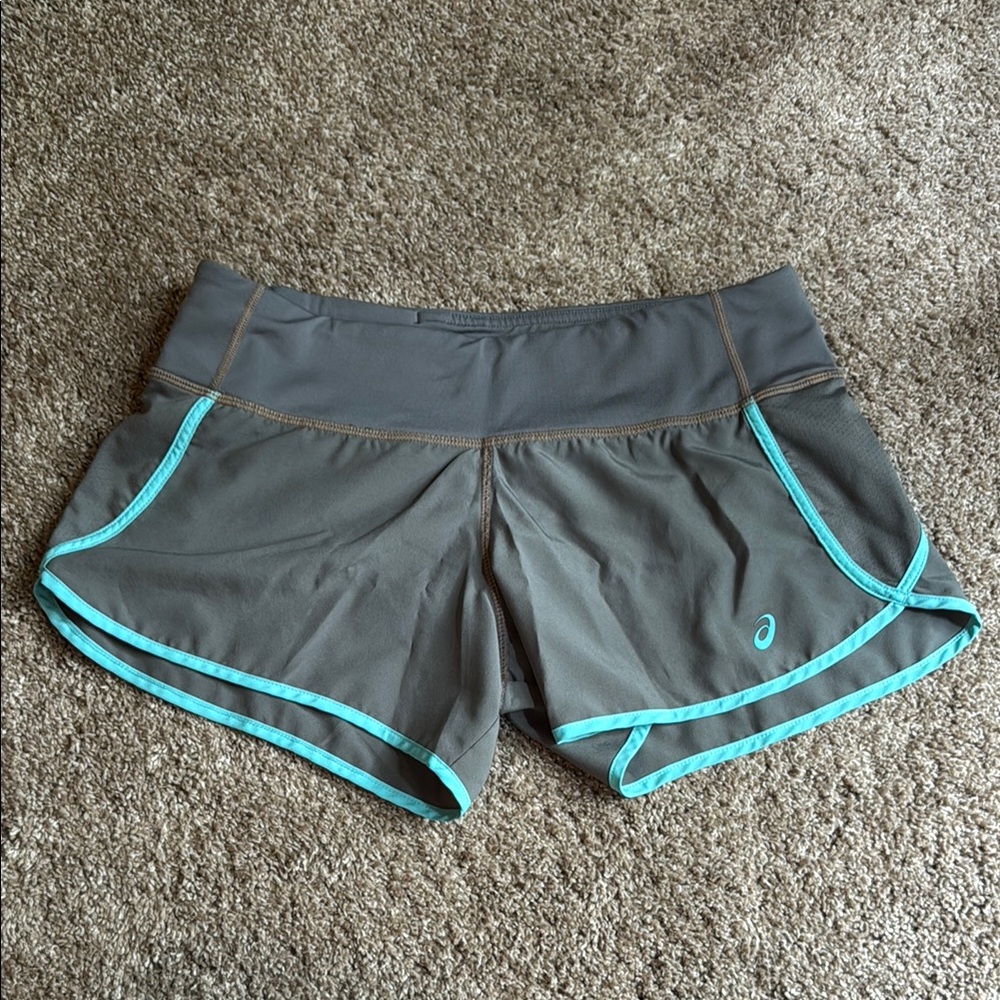 Asics Gray and Blue Athletic Shorts with Elastic Waistband